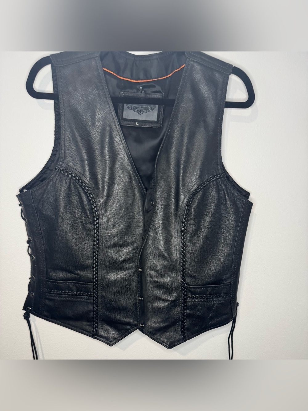 Dream Apparel Women’s Black Genuine Leather Motorcycle Biker Vest Side Lace Sz L